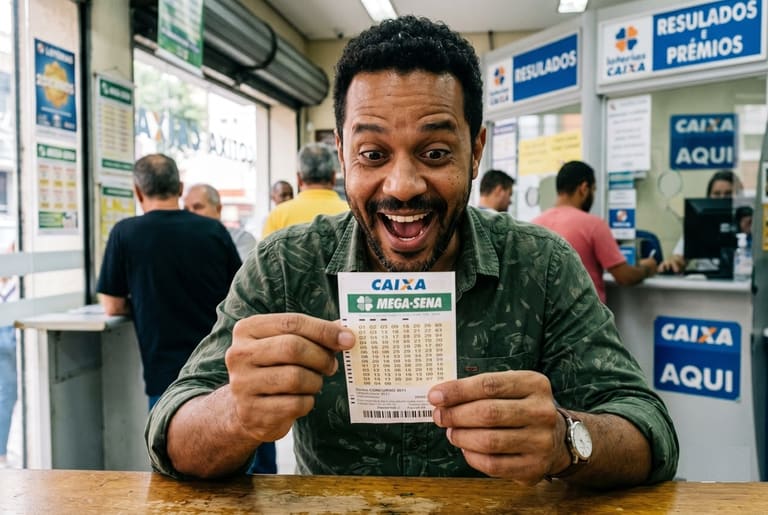 Homem negro sorridente segura volante da Mega-Sena concurso 3011 em casa lotérica com logos da Caixa ao fundo