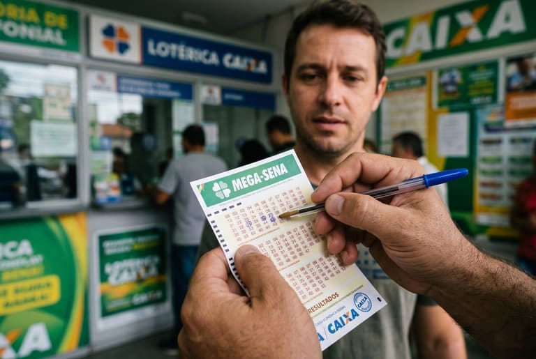 Homem segura volante da Mega-Sena e caneta azul em frente à casa lotérica com letreiro Lotérica Caixa visível