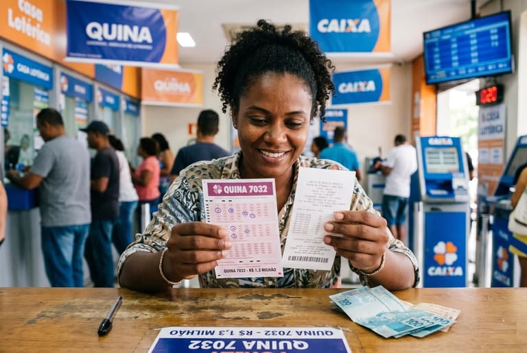 Mulher sorridente segura volante e comprovante da Quina 7032 em casa lotérica, com cédulas de real na mesa