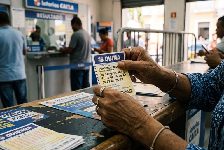 Mãos segurando bilhete da Quina, concurso 7034, com números apostados em balcão de Loterias Caixa