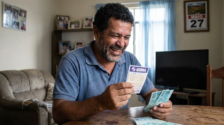 Homem sorridente segura volante da Quina e notas de R$ 100 em sala de estar com calendário marcando 27 de maio