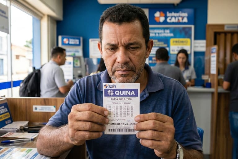 Homem de camisa azul segura bilhete da Quina, concurso 7838, com prêmio de R$ 12 milhões em casa lotérica