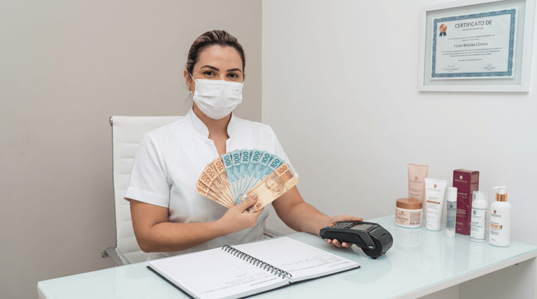 Profissional de estética com máscara branca segura notas de R$100 e R$50 em leque ao lado de maquininha de cartão.