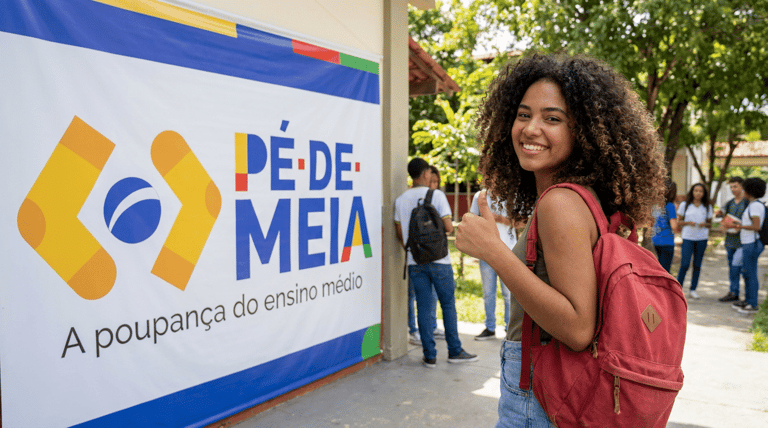 Jovem de cabelos cacheados com mochila vermelha faz sinal de positivo ao lado do banner Pé-de-Meia em escola pública.