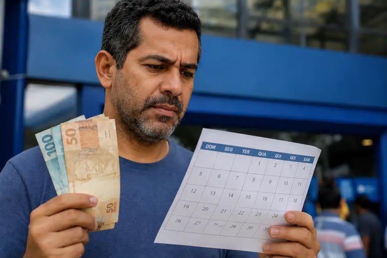 Trabalhador segurando notas de reais e consultando calendário, representando os pagamentos dos novos lotes do PIS/Pasep.