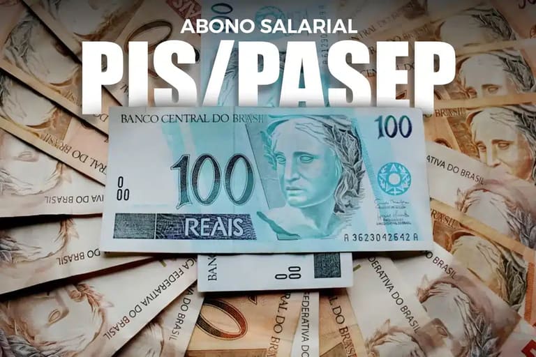 Notas de R$ 100 com destaque para abono salarial PIS/Pasep, benefício pago a trabalhadores em maio.