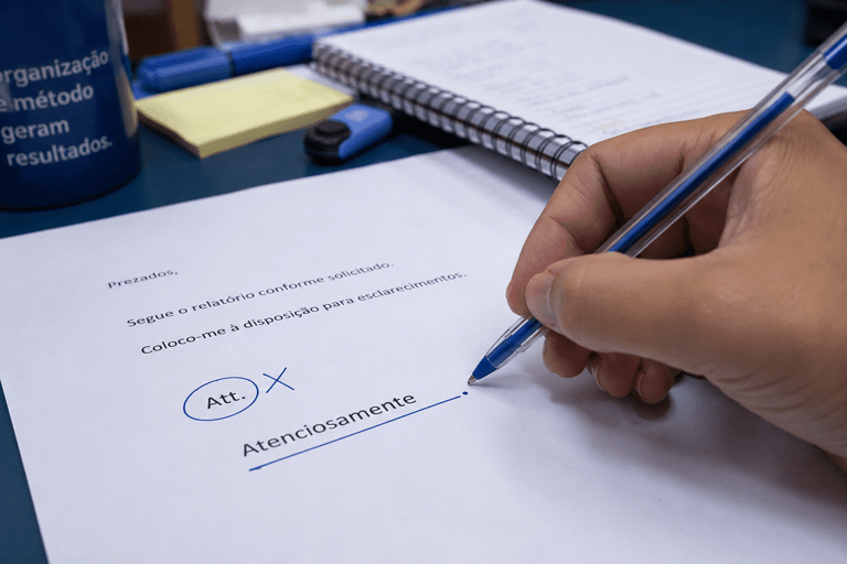 Mão segurando caneta azul sublinhando "Atenciosamente" em carta comercial brasileira sobre mesa com caderno e caneca.