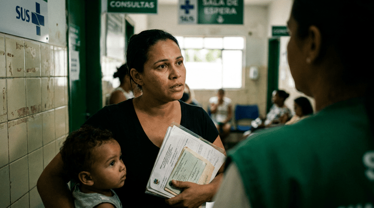 Mulher com criança no colo conversa com profissional de saúde em corredor de unidade do SUS.