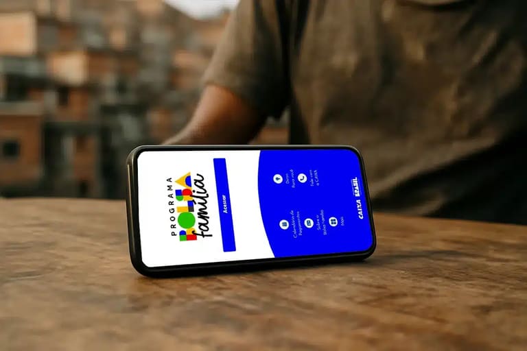 Celular sobre mesa de madeira exibindo tela inicial do aplicativo Bolsa Família com ícones de serviços