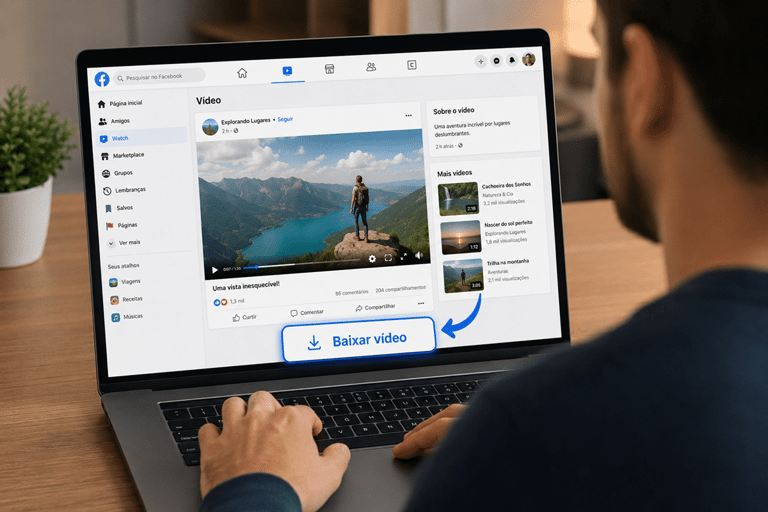 Homem usa notebook exibindo Facebook Watch com vídeo de trilheiro e botão destacado "Baixar vídeo"