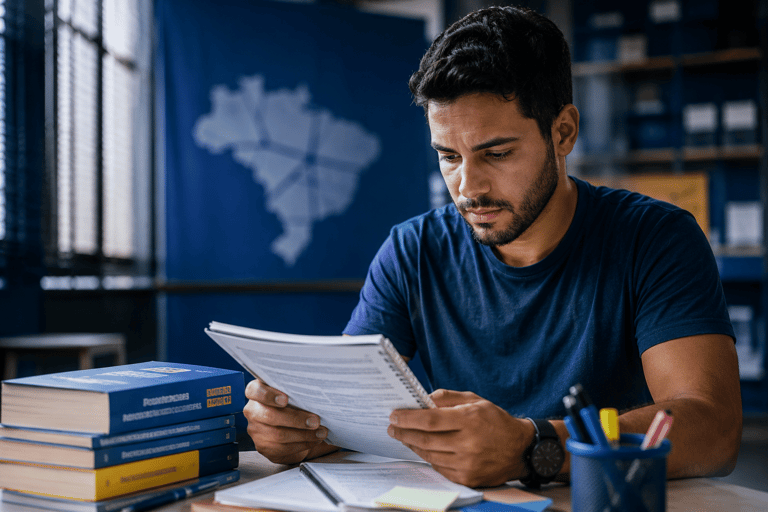 Jovem de barba lendo apostila em mesa de estudos com livros azuis e mapa do Brasil na parede.