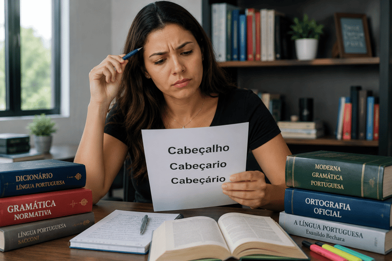 Mulher confusa segura papel com "Cabeçalho, Cabeçario, Cabeçário" em escritório com dicionários de português.