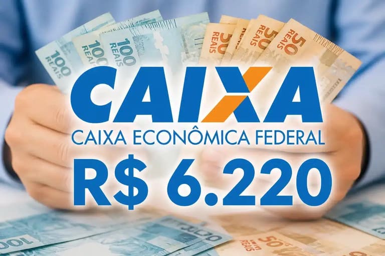 Dinheiro em reais com logotipo da CAIXA, representando o saque de R$ 6.220 liberado para moradores de quatro estados.