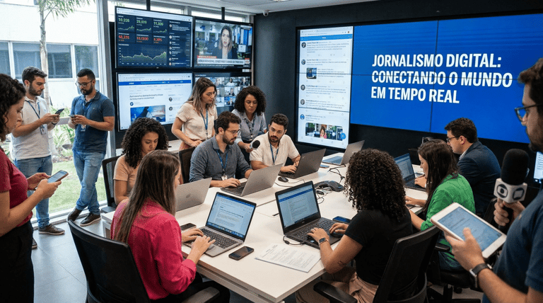 Jornalistas trabalham em redação digital moderna com laptops, telões exibindo redes sociais e painel azul.