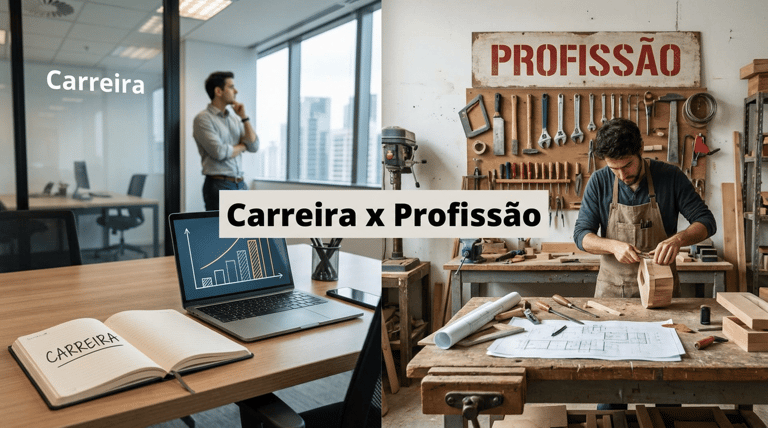 Comparativo visual entre ambiente corporativo com executivo e oficina de marcenaria com artesão trabalhando.
