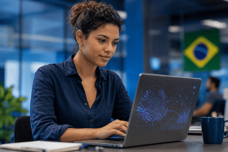 Mulher jovem de camisa azul-marinho digita em laptop prateado com design luminoso, bandeira do Brasil ao fundo.