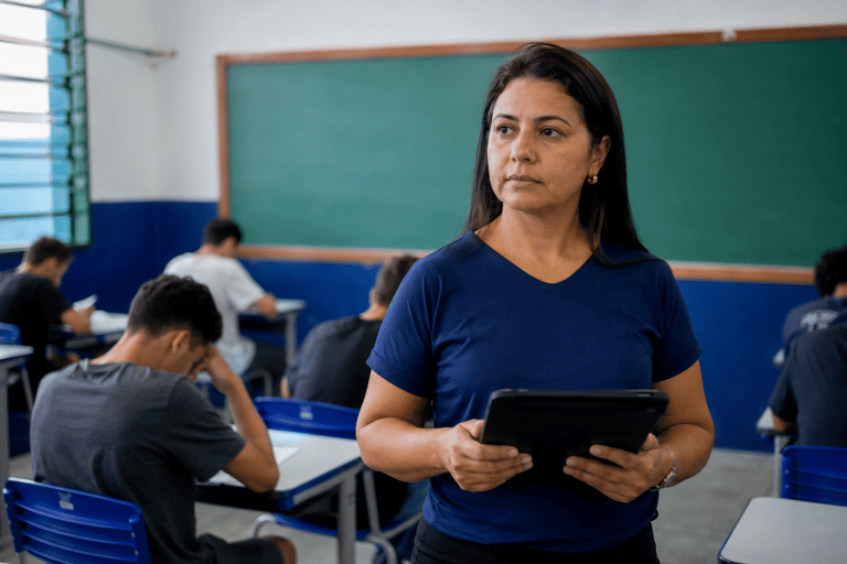 Professora de camiseta azul marinho segura tablet preto enquanto alunos fazem prova em sala com lousa verde.