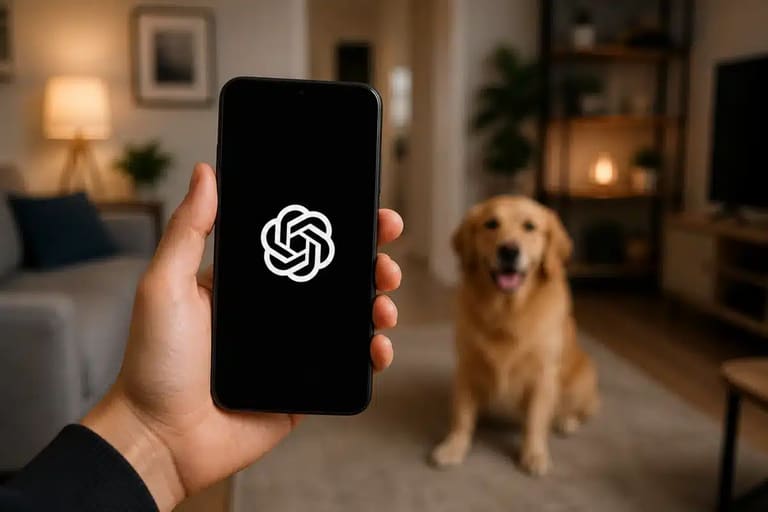 Mão segurando smartphone com ícone do ChatGPT na tela, em ambiente interno desfocado com cachorro ao fundo.