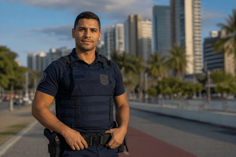 Agente de segurança com colete balístico e uniforme azul-marinho em avenida costeira com palmeiras e arranha-céus.