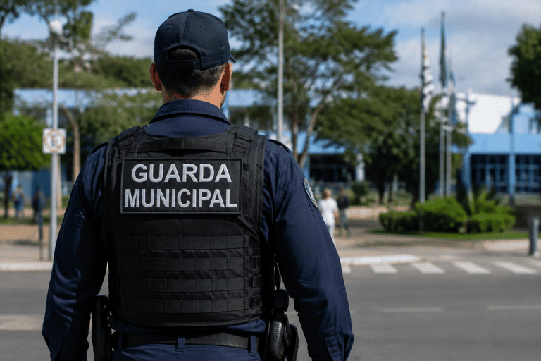 Guarda Municipal de costas com colete tático preto e uniforme azul-marinho vigia área verde com bandeiras.