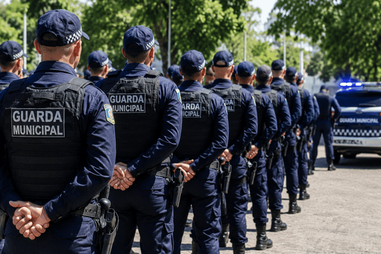 Guardas municipais de costas em fila indiana usando uniforme azul marinho, bonés e coletes, com viatura ao fundo.