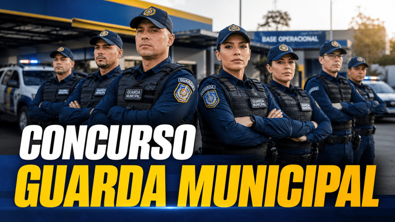 Grupo de 8 guardas municipais uniformizados com coletes e bonés azuis em frente à Base Operacional