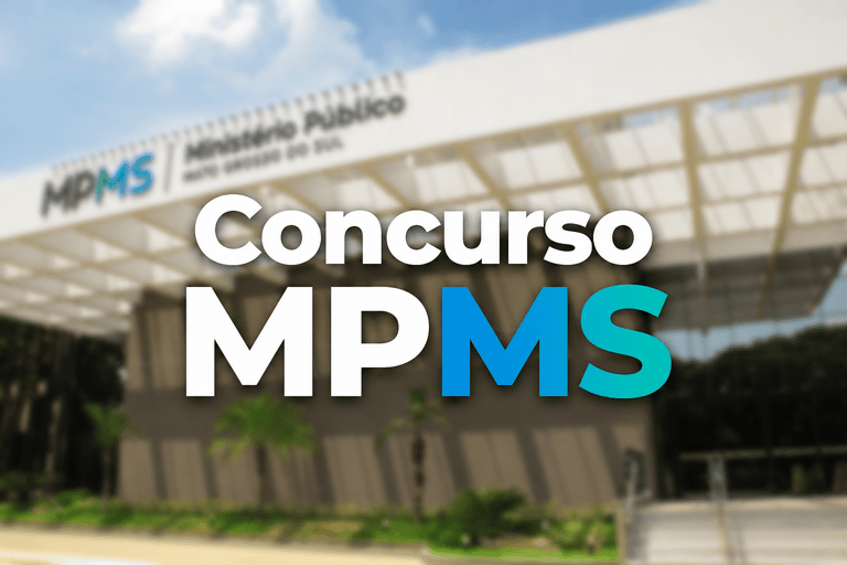 Sede do Ministério Público de Mato Grosso do Sul com texto "Concurso MPMS" em destaque azul e branco