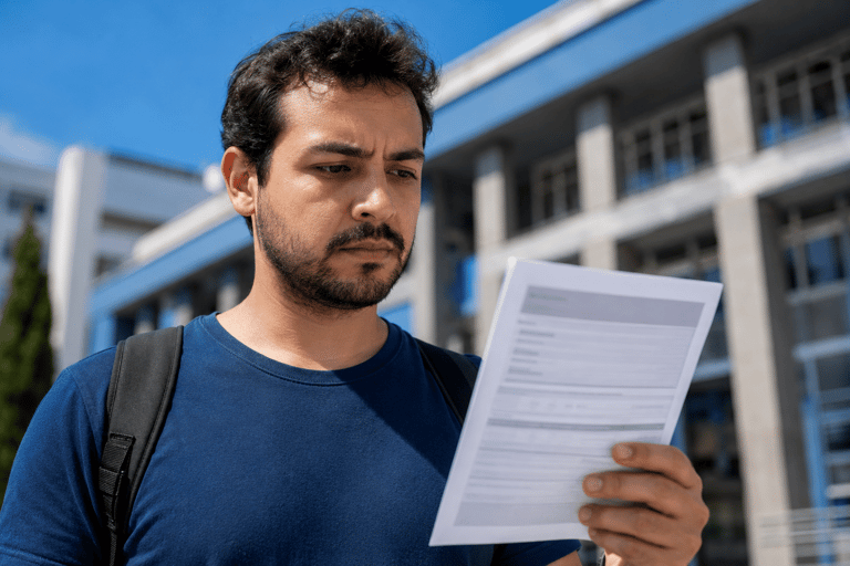 Jovem analisa documento de inscrição em concurso público diante de prédio institucional.