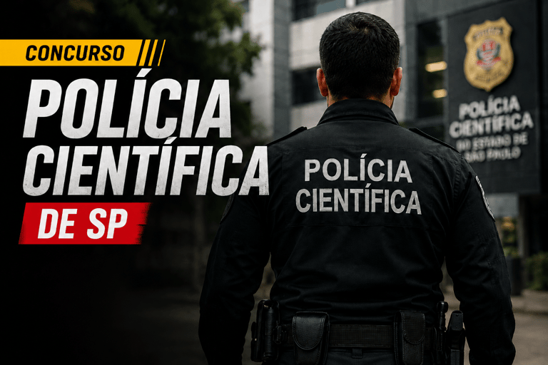 Agente da Polícia Científica de costas, uniforme preto com inscrição, diante da sede da SPTC em São Paulo