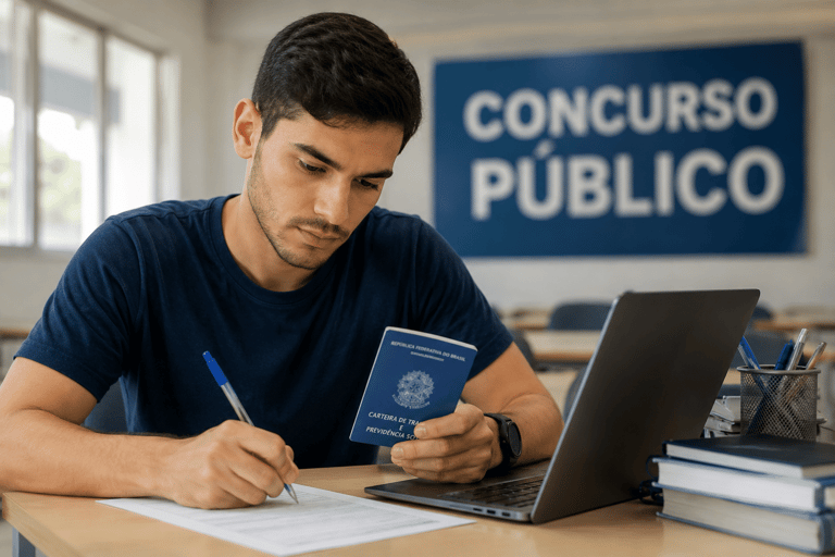 Jovem de camiseta azul preenche formulário segurando Carteira de Trabalho, com laptop e placa Concurso Público ao fundo.