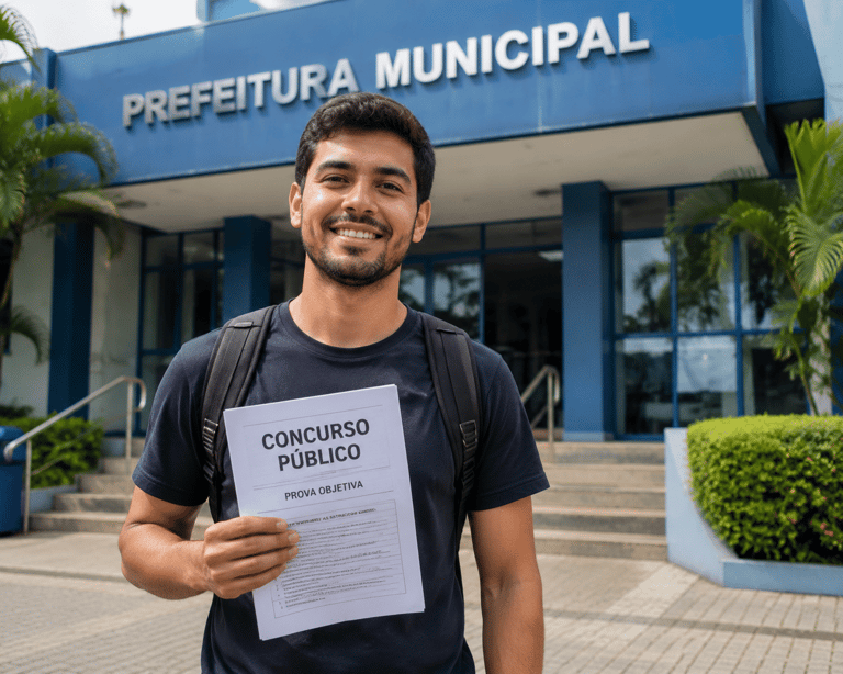 Concurso Prefeitura Jovem brasileiro com mochila segura caderno de prova objetiva de concurso público diante de prédio da Prefeitura Municipal.