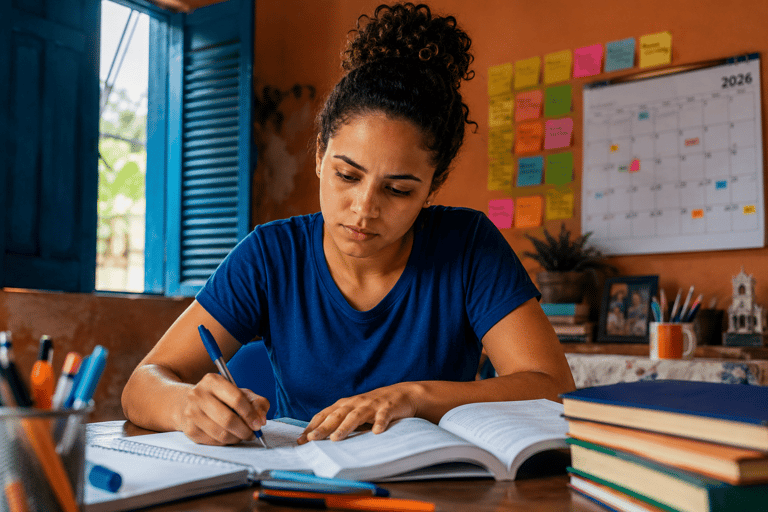 Mulher jovem de cabelos cacheados presos escreve em caderno com caneta azul, livros empilhados e calendário 2026 ao fundo.