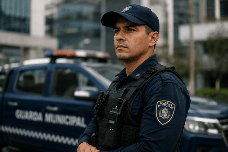 Concursos Guarda Municipal 2026 Agente da Guarda Municipal fardado de azul marinho com boné, colete tático e rádio comunicador, viatura ao fundo.