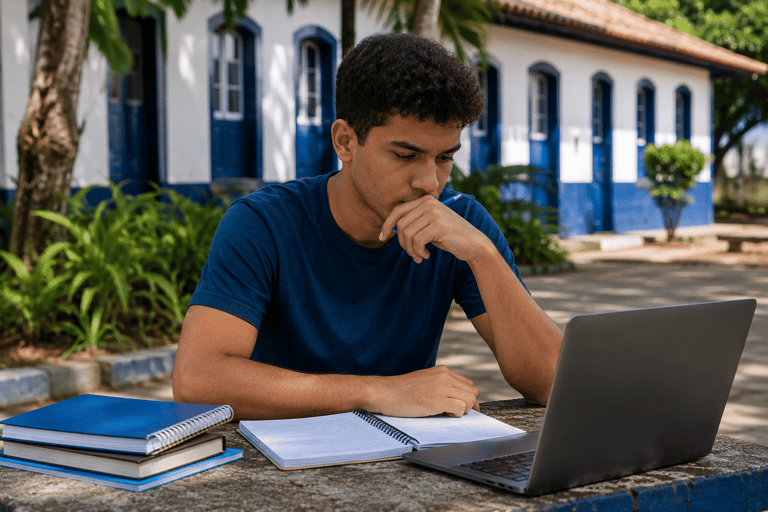 Jovem de camiseta azul estuda com laptop e cadernos em mesa externa, frente a casarão colonial azul e branco.