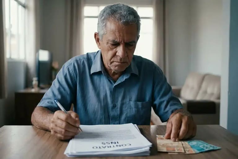 Idoso analisando contrato e dinheiro sobre a mesa após novas regras do consignado do INSS para contratações em 2026.