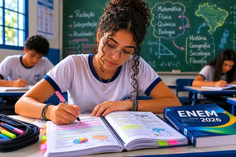 Estudante revisando conteúdos do Enem 2026 em sala de aula, representando os temas que não podem ficar de fora da preparação.
