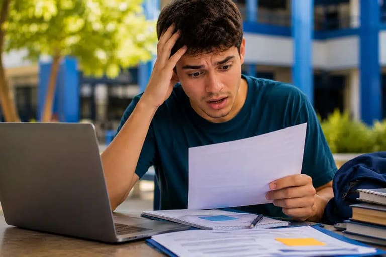 Estudante preocupado consulta documento ao lado de notebook, representando o prazo final das vagas remanescentes do Fies 2026