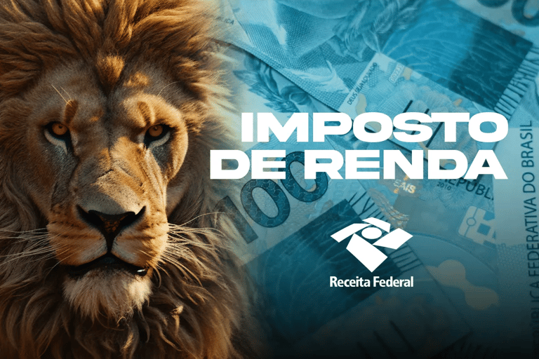 Leão e cédula de dinheiro ilustram o prazo para declarar o Imposto de Renda e antecipar a restituição.