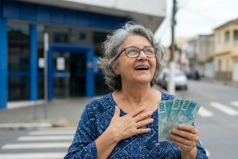 Idosa sorridente segurando notas de cem reais, representando os pagamentos de R$ 8.475,55 do INSS.