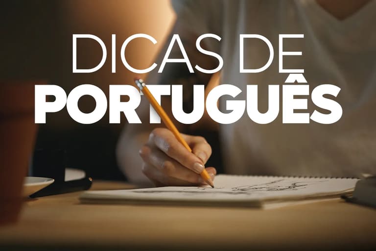 Pessoa escrevendo em caderno com lápis sobre destaque "Dicas de Português", simbolizando o aprendizado de regras gramaticais para concursos.