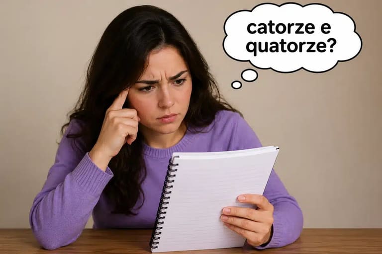 Pessoa confusa olhando para um caderno, representando a dúvida sobre a diferença entre catorze e quatorze na língua portuguesa.