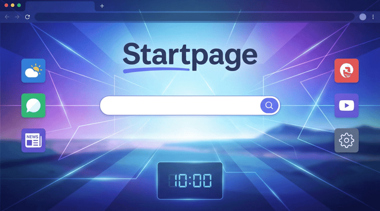 Tela do navegador com página Startpage, barra de busca central, relógio digital e ícones de atalhos.