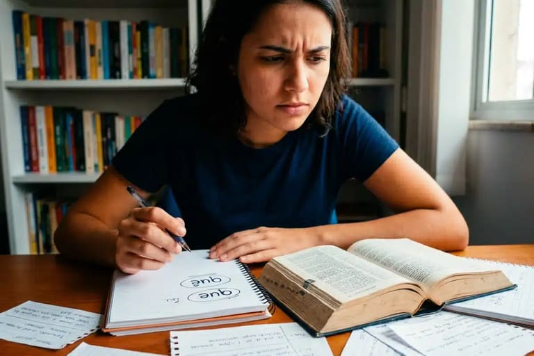 Estudante brasileira analisando a diferença entre “que” e “quê” enquanto consulta um livro de gramática em uma mesa de estudos, representando a dúvida sobre o uso correto dessas palavras.