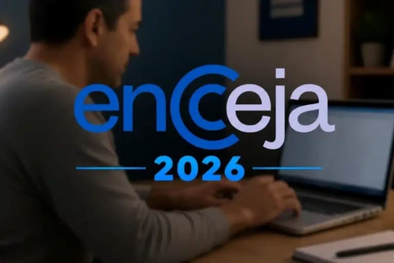 Homem mexendo no computador com destaque para o logo Encceja 2026, representando o prazo final de inscrição.