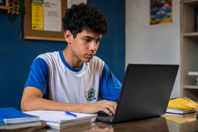 Estudante acessando notebook em ambiente de estudos, representando a inscrição no Enem 2026.