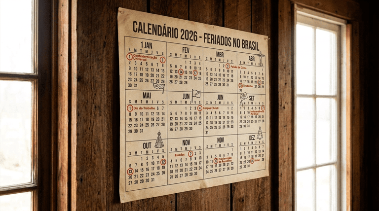 Calendário anual 2026 em papel envelhecido fixado em parede de madeira escura, destacando feriados nacionais do Brasil.