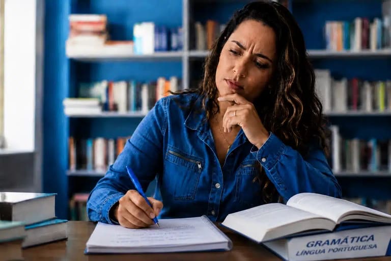 Mulher adulta escrevendo em caderno com expressão de dúvida, representando o uso correto de "incluso" e "incluído.