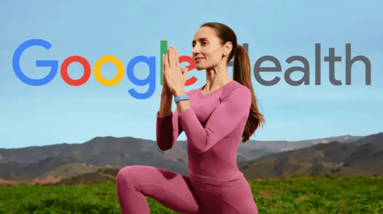 Mulher praticando exercício de yoga ao ar livre em paisagem montanhosa com a logo Google Health em destaque