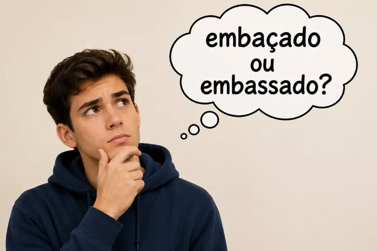 Homem pensativo com balão de pensamento perguntando se o correto é embaçado ou embassado.