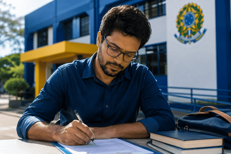 Homem de óculos e camisa azul escreve em documento diante de prédio com brasão da República.